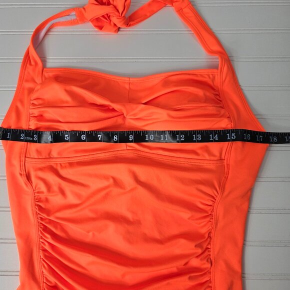 Women's Orange Retro Halter Twist Front One Piece Boy Short Swimsuit Size XL - Picture 7 of 10